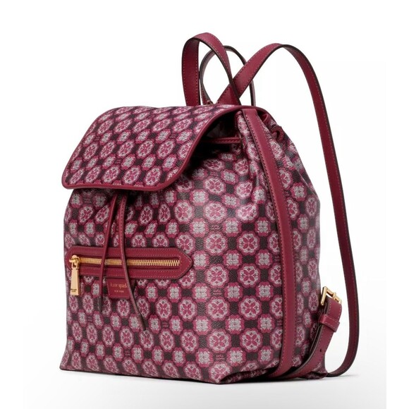 New Kate Spade Flower Monogram Coated Canvas Medium Backpack Garnet Rose Multi - Picture 2 of 5